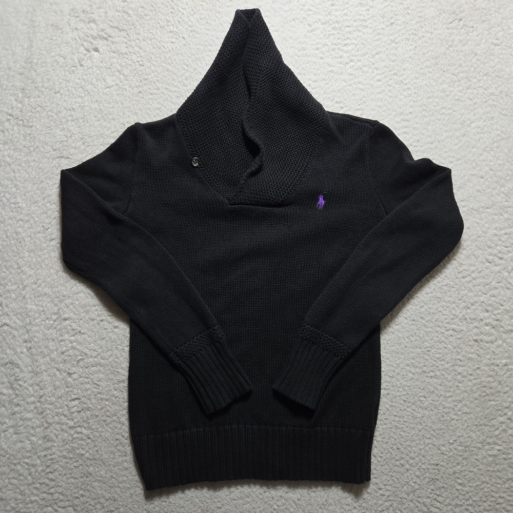 Ralph Lauren Cowl Neck Sweater Women's Size Small Cotton Black Purple Pony